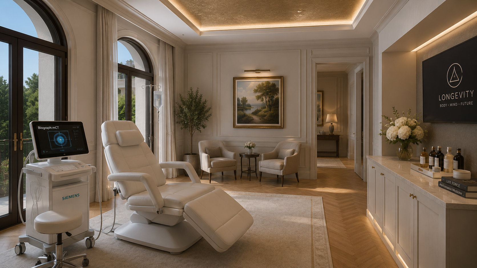 Ultra-luxury longevity medicine sanctuary delivering personalized preventive care, advanced diagnostics, regenerative therapies, and holistic wellbeing within an exclusive environment designed for vitality, performance, and extended healthy living.