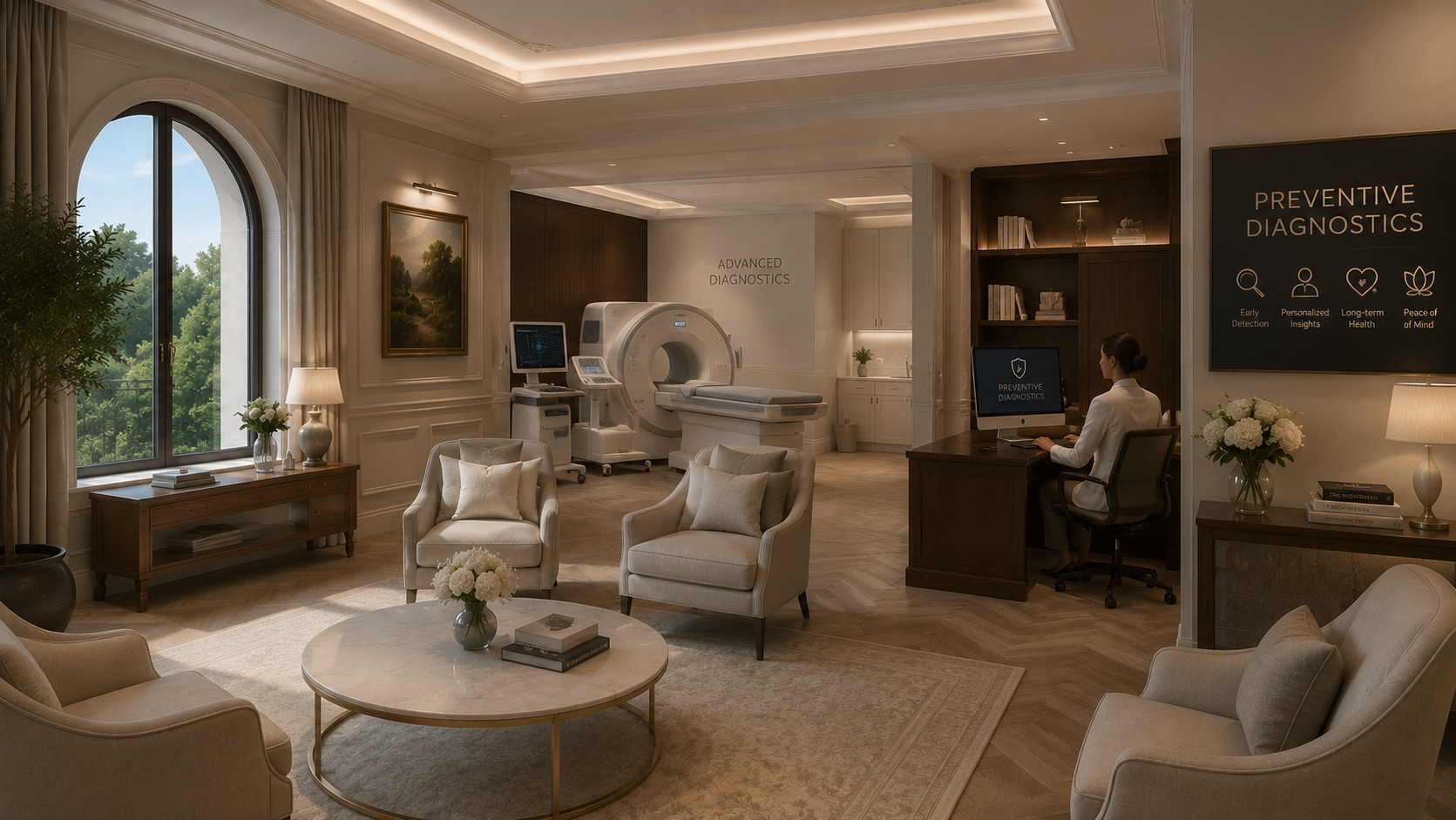 Preventive diagnostics center offering advanced early detection, AI-powered health analysis, precision screening, and personalized medical insights within an exclusive environment focused on proactive wellbeing and longevity.